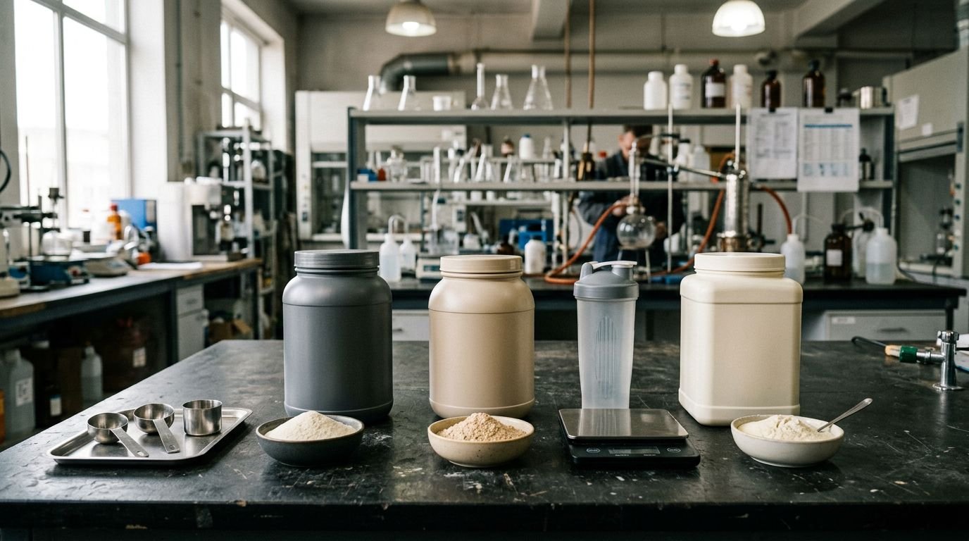 Proteinpulver Test und Kriterienvergleich: Shaker, Waage, Pulverproben und Nährwertanalyse